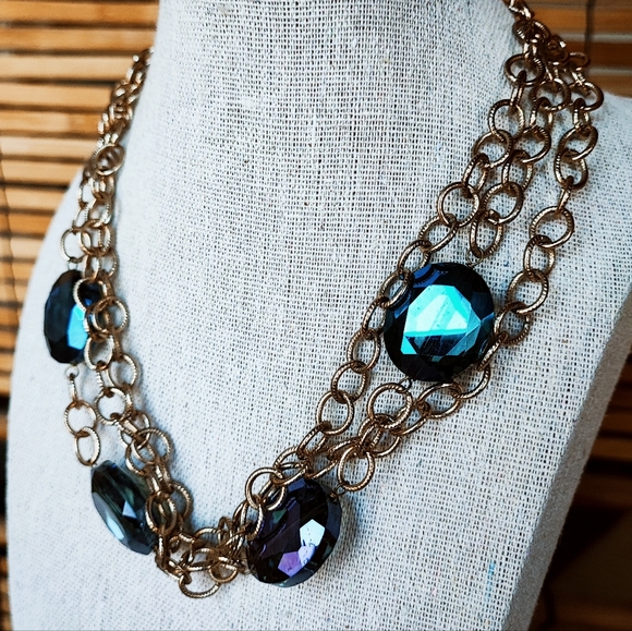Midnight Blue Iridescent Oil Slick Faceted Glass Crystal Gold Tone Triple Strand - Picture 2 of 10